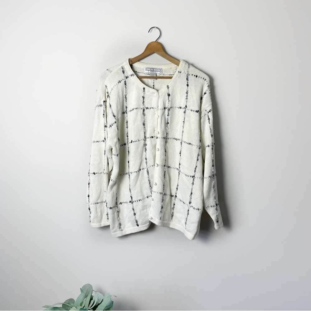 [Dress Barn] Ivory & Gray Plaid Windowpane Ramie Blend Button Down Sweater